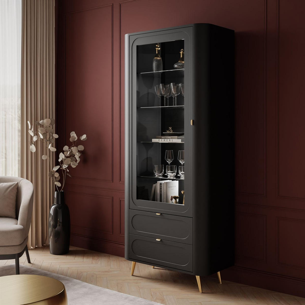 VITRINE SHADOW II verglast mit Regalböden - Schwarz, Holzwerkstoff (78/185/40cm) - Lookway