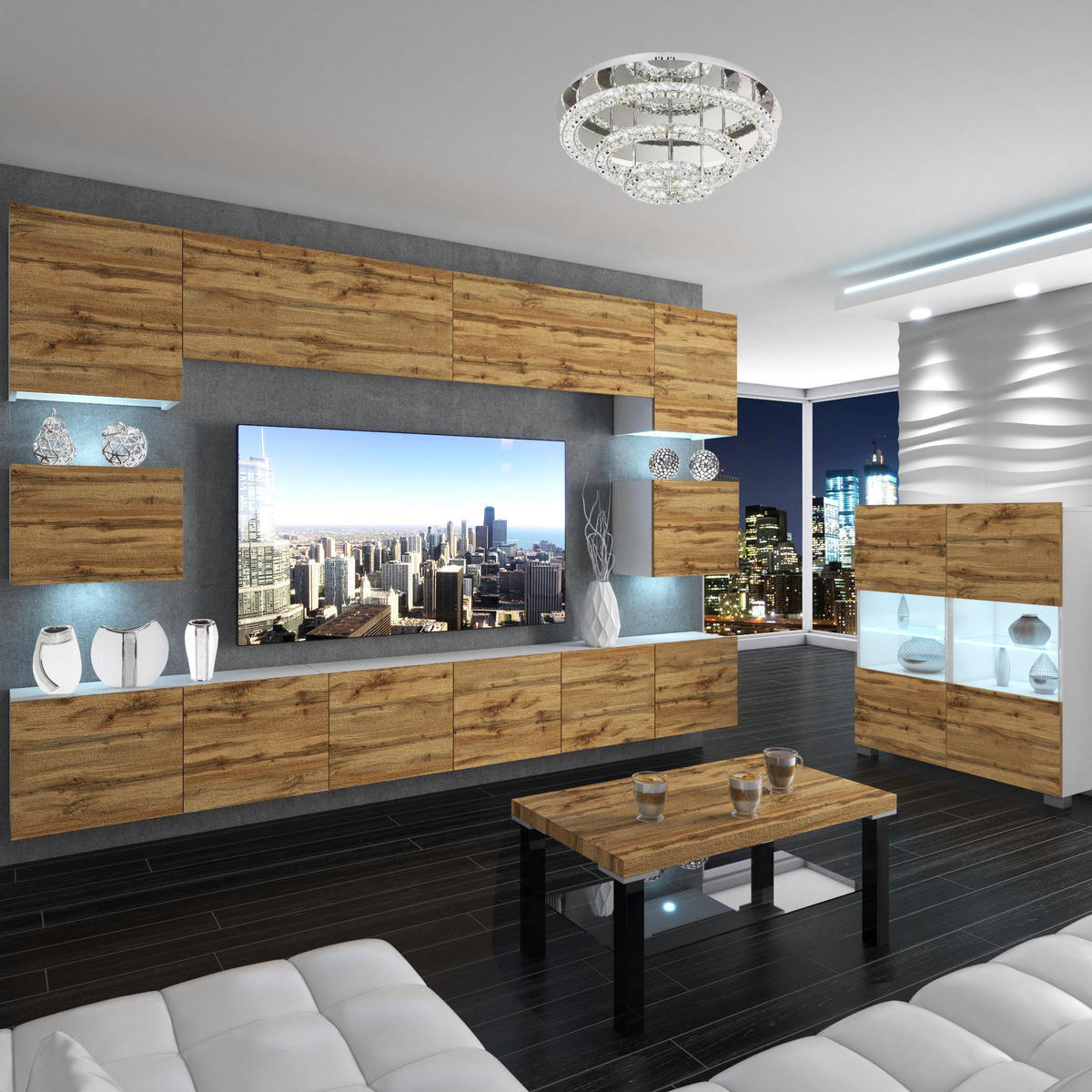 WOHNZIMMERWAND Schrankwand mit LED Wotan-Eiche - Braun, Holz (300/180/36cm) - B BELINI GROUP