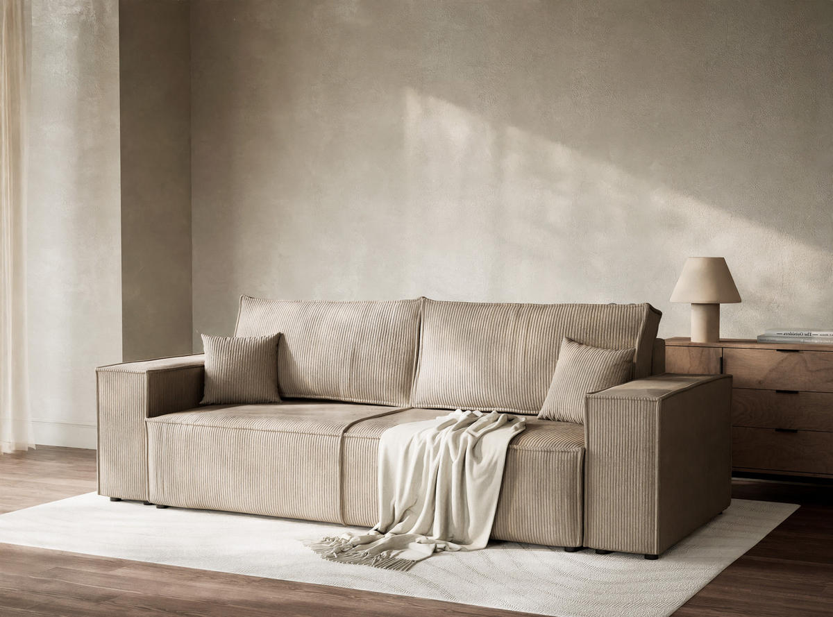 SOFA MIT SCHLAFFUNKTION Milos Beige Samtstoff - Beige/Schwarz, Holz/Holzwerkstoff (255/70/105cm) - Maison de Reve