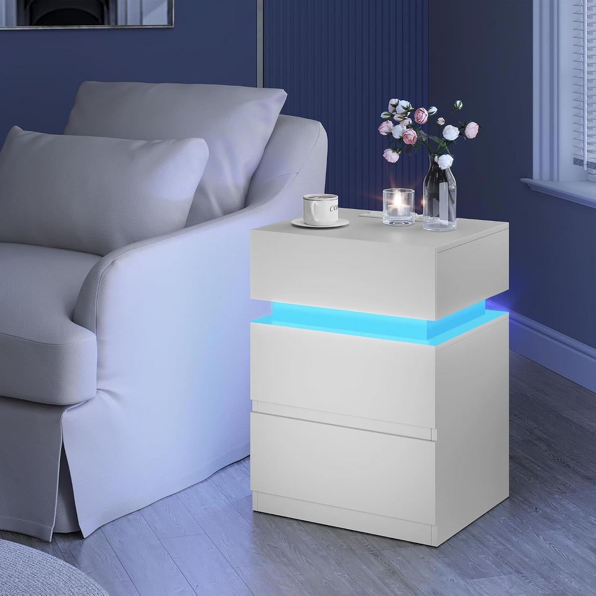 NACHTTISCH mit Ladefunktion und LED, Weiß - Weiß, Holzwerkstoff (40/55/35cm) - Woltu