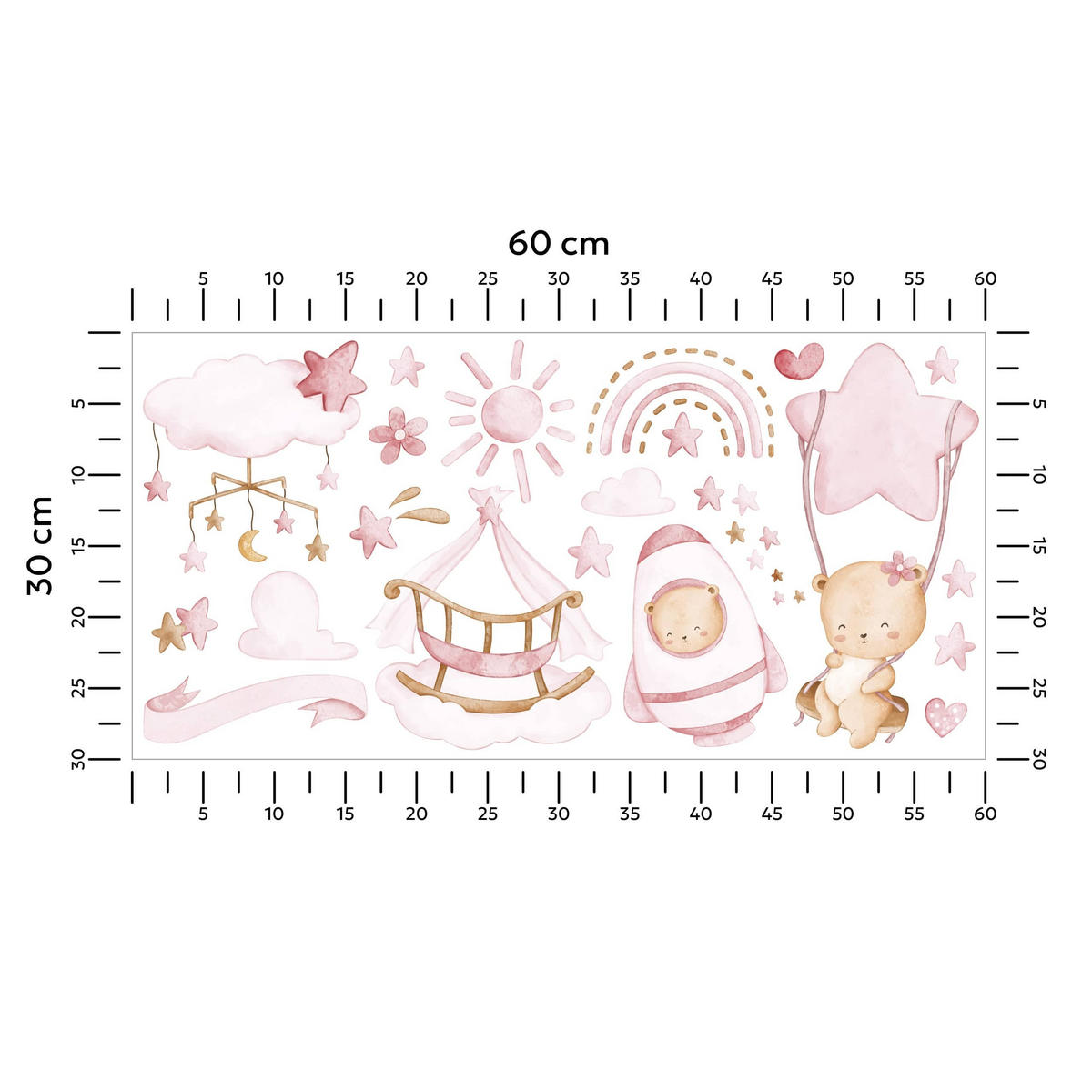 WANDTICKER Teddybären rosa Wolken Sterne 60x30 - Beige/Rosa, Papier (60/30/1cm) - Muralo