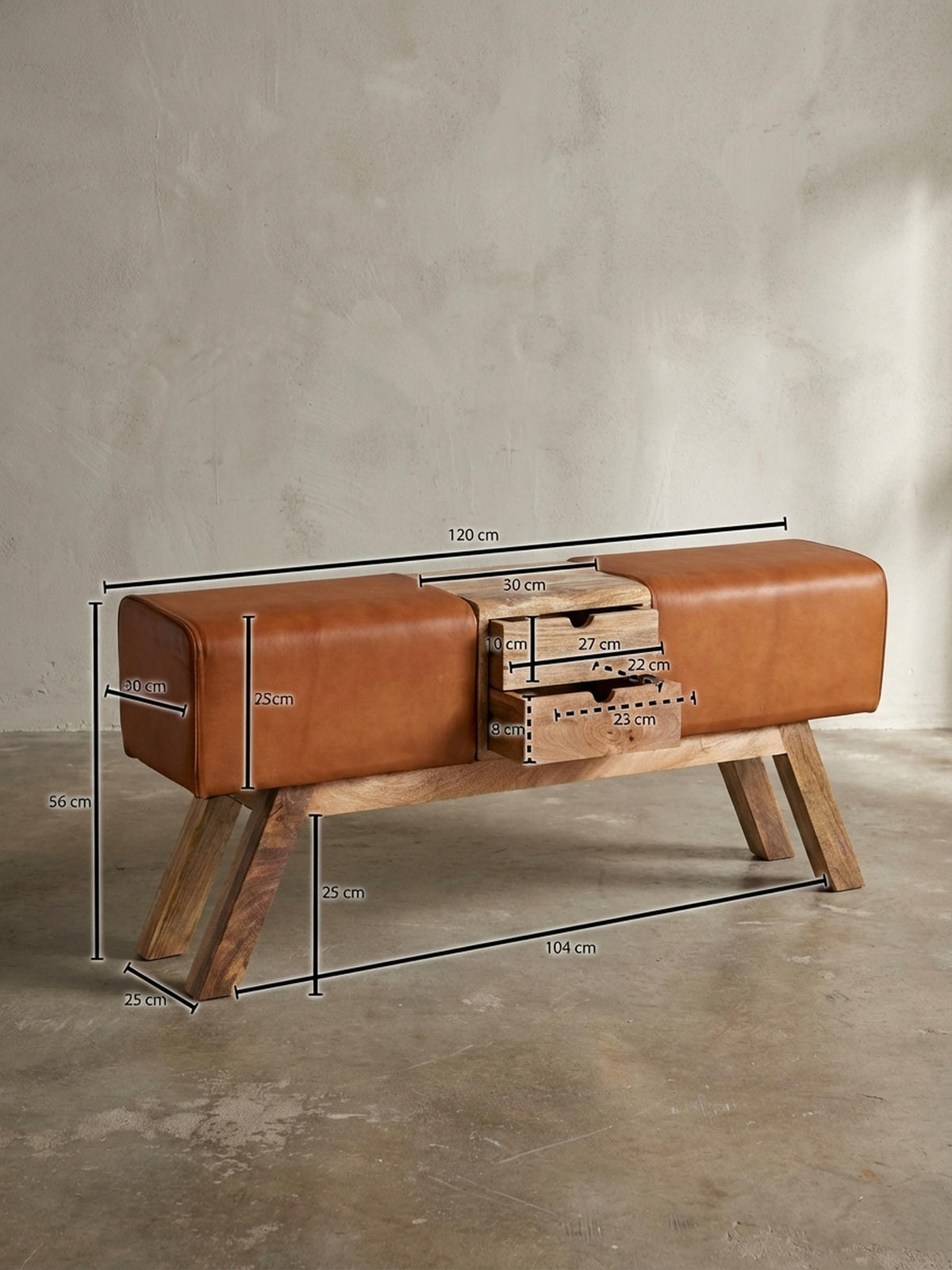 SITZBANK Massivholz Stoffbezug mit 2 Schubladen, Braun 120x30x56 cm - Braun, Mangoholz/Leder (120/56/30cm) - KADIMA DESIGN