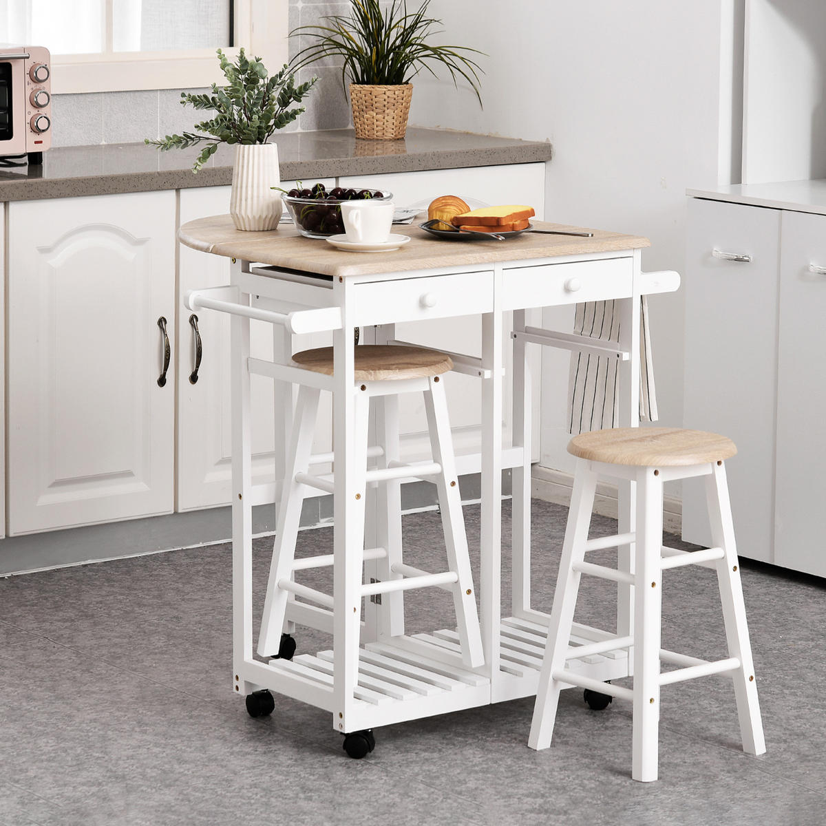 BARTISCH-SET DE-14686 klappbar mit Rollen & 2 Hockern Eiche hell - Beige, Holzwerkstoff (83/74/83cm) - ComfortXL