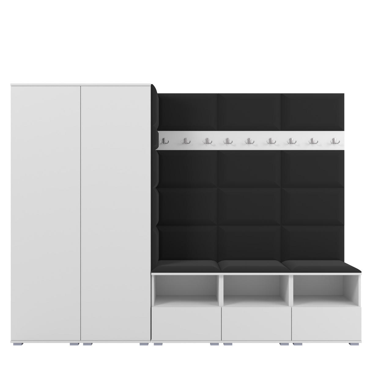 GARDEROBE NELA VII 250 cm (Modulare Flurmöbel XL Weiß mit Sitzpolster Schwarz 16 2 Schränke) - Silberfarben/Schwarz, Holz/Holzwerkstoff (250/187/40cm) - Ravio