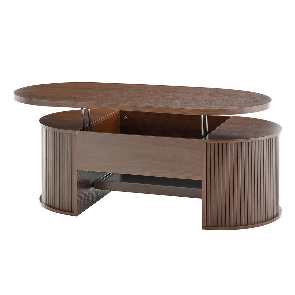 COUCHTISCH Anhebbar Walnussoptik Gebogene Holzseiten Ausziehbares Regal - Braun, Holz (125.1/60.96/14.61cm) - FLIEKS