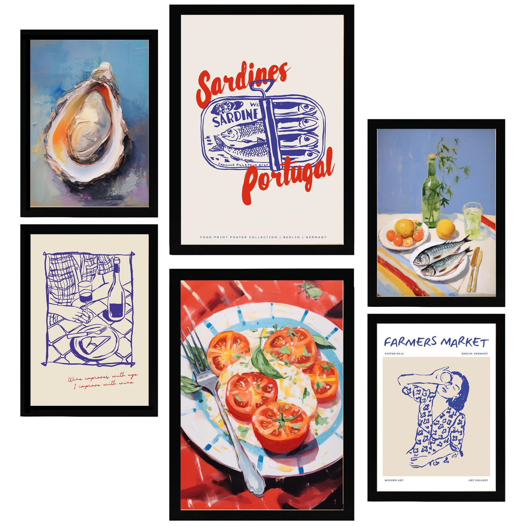 POSTER Set Mit 6 Von Lebensmitteln & Mediterraner Ernährung Im Pop Art A3 & A4 Schwarzer Rahmen - Schwarz, Papier (29/3cm) - Nacnic