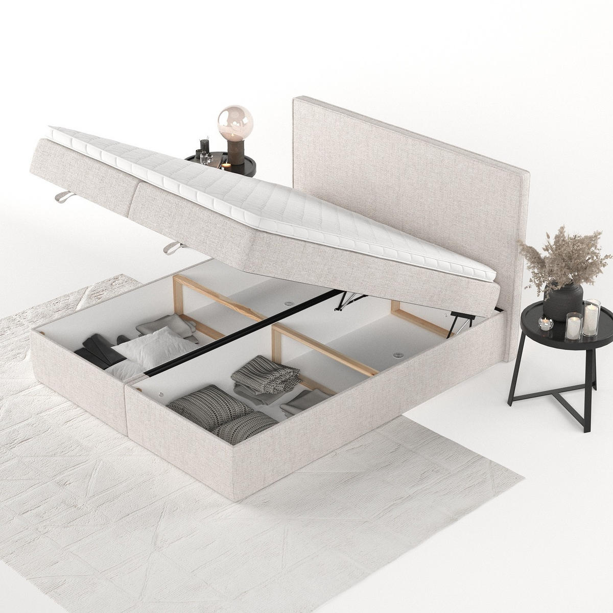 BOXBETT Velma 180/200 cm Hellbeige im Neve Stoff - Sandfarben/Schwarz, Holz/Holzwerkstoff (180/200cm) - AltaBeds