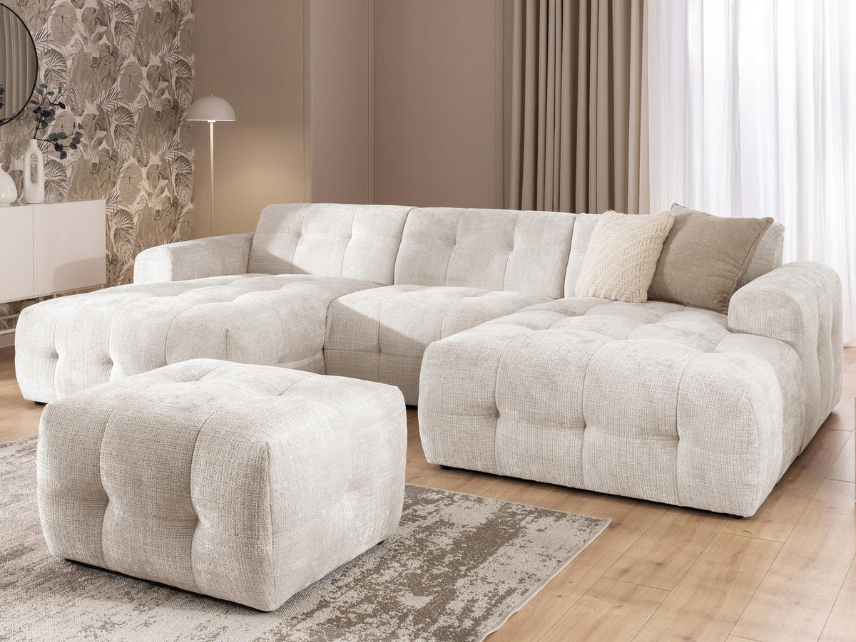 POLSTERHOCKER Kozy im Bumpy-Design aus weichem Beige Chenille-Stoff - Beige/Creme, Holz/Textil (87/46/68cm) - S-Style Möbel