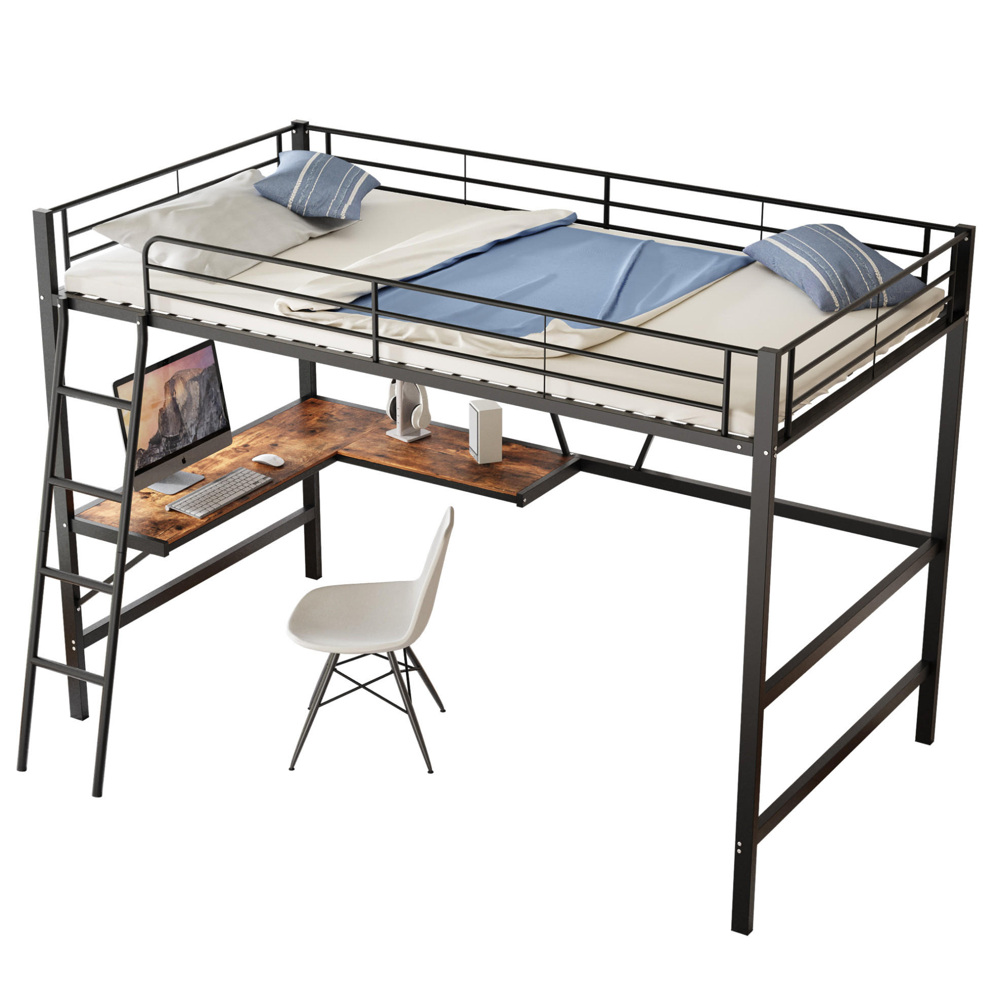 HOCHBETT 90/200 cm aus Metall mit L-Schreibtisch und Regal in Schwarz - Schwarz, Metall (90/200cm) - Flora Grace
