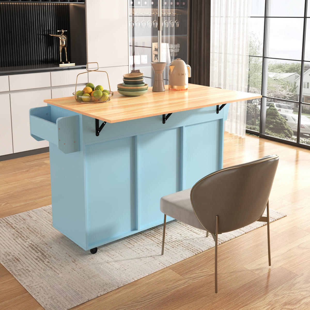KÜCHENINSEL 139/91,5/46(71) cm Blau aus MDF mit klappbarer Arbeitsplatte - Blau, Holzwerkstoff (46/91.5/139cm) - OKMYHOME