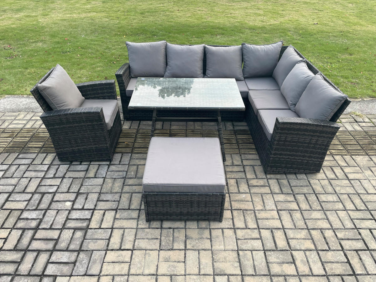 LOUNGEMÖBEL-SETS mit Esstisch Sofa Polyrattan Dunkelgrau 8-Sitzer - Dunkelgrau/Grau, Glas/Kunststoff - Fimous