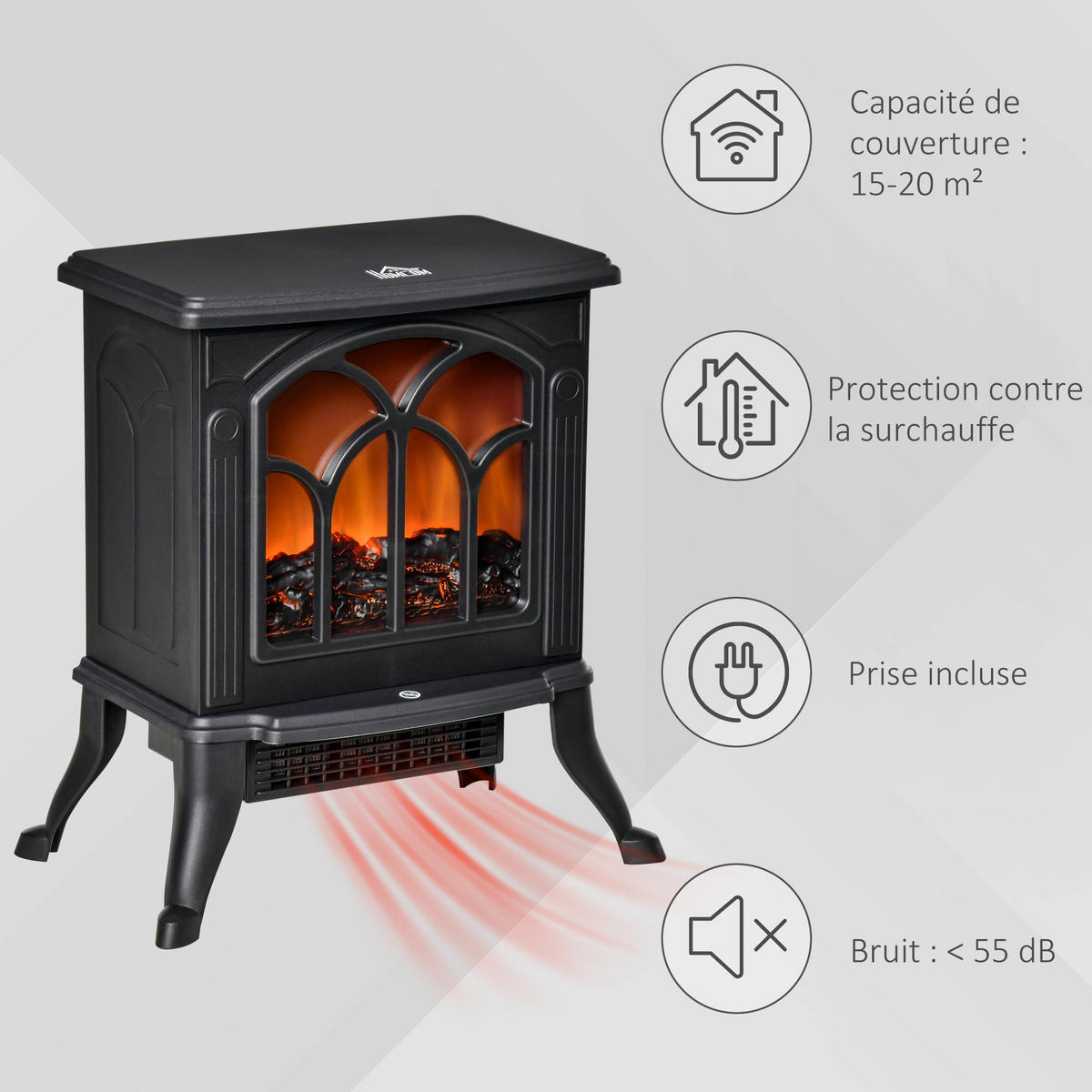 ELEKTROKAMIN DE-17014 Retro 750/1500 W mit LED-Flamme Schwarz - Schwarz, Metall (37.3/44/23.1cm) - ComfortXL