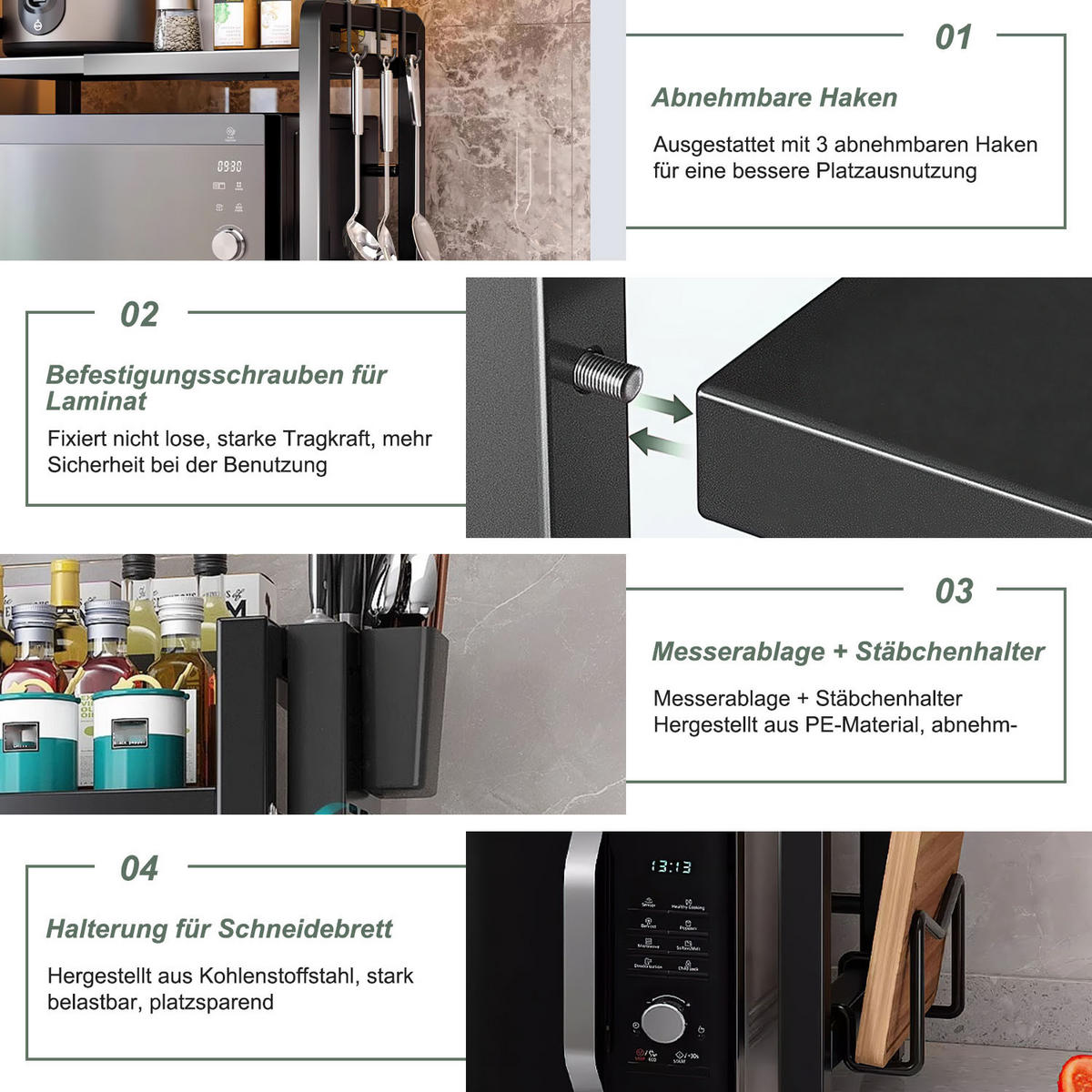 MIKROWELLEN Regal 3-stufiges - Schwarz, Metall (40/76/36cm) - Aimax