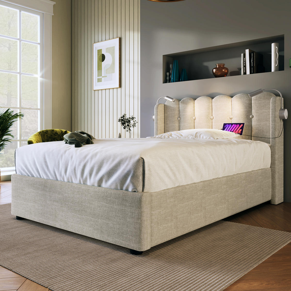BETT mit Bettkasten und Matratze 90x200 cm Leinen Beige, mit Leselicht und USB - Beige, Metall (90/200cm) - Beauniv