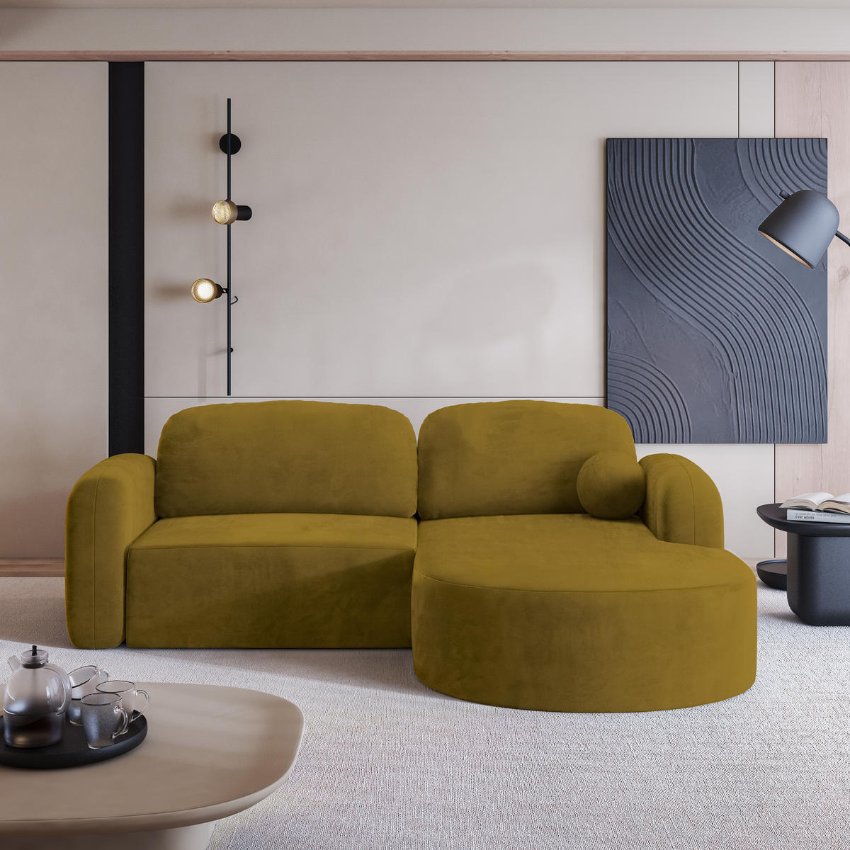 ECKSOFA AMILIA M R-S Gelb Velours-Stoff mit Schlaffunktion - Gelb, Holz (263/174cm) - MASSENO