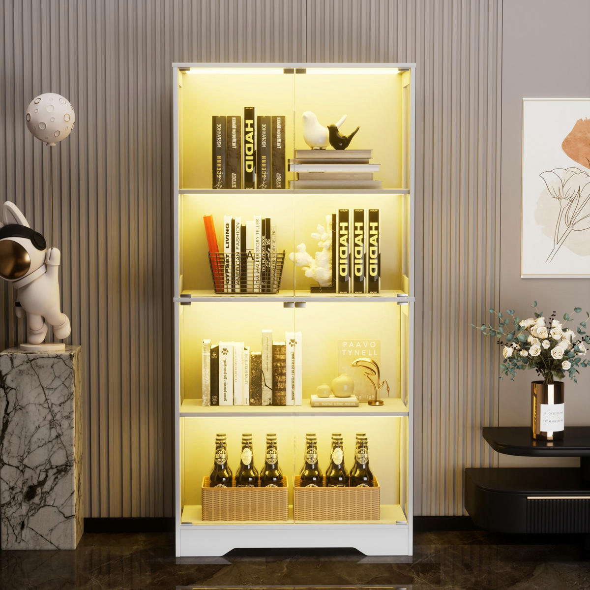 GLASVITRINE aus MDF und Glas 35x80x165 cm Weiß mit LED-Beleuchtung und Bewegungssensor - Weiß, Holzwerkstoff (80/165/35cm) - IVMEU