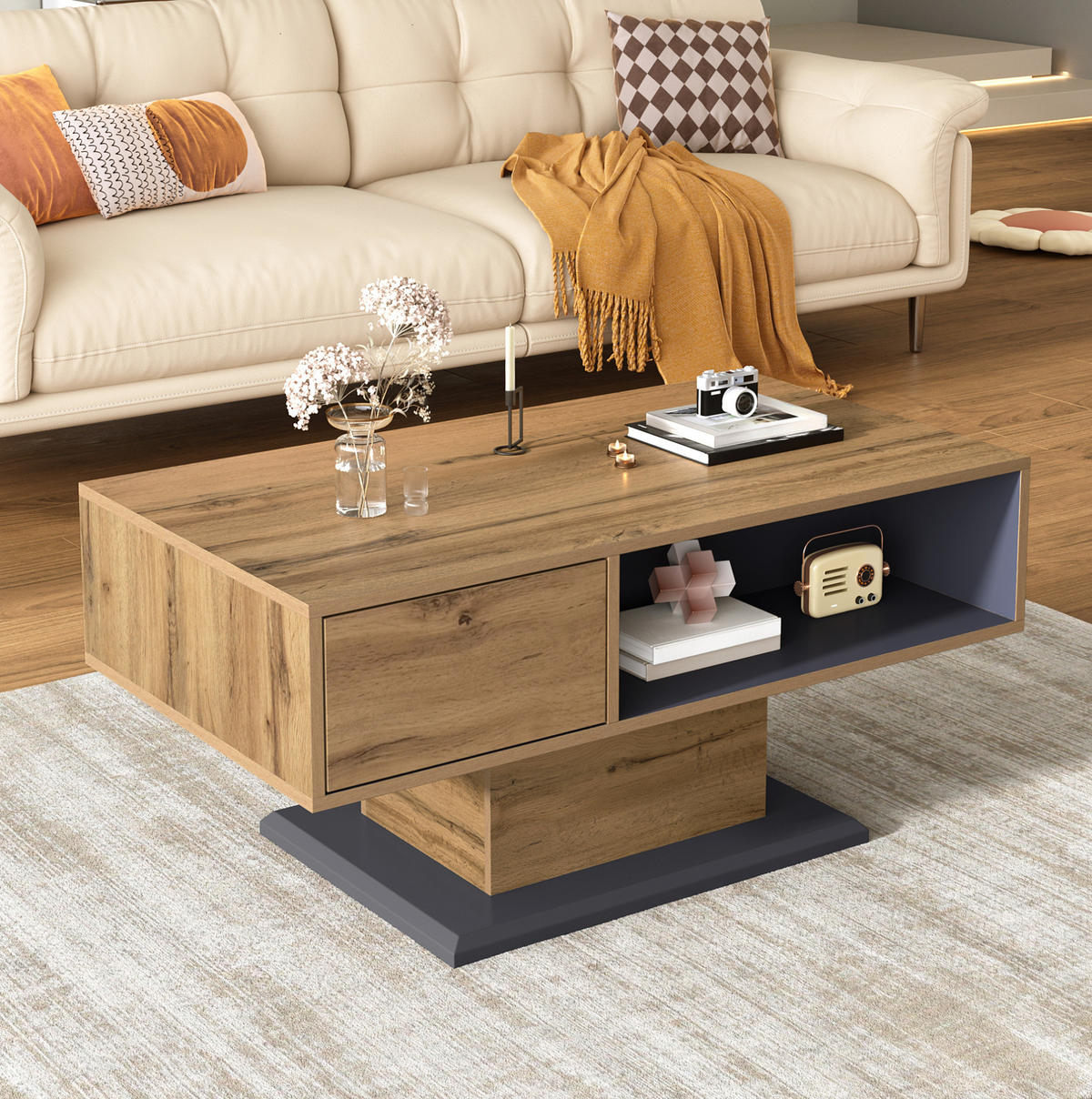 COUCHTISCH 100/50/46.5 cm Grau/Eiche aus Spanplatte mit doppelseitigem Stauraum - Grau, Holzwerkstoff (100/50/46.5cm) - OKMYHOME