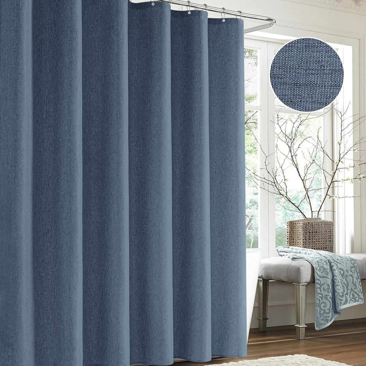 DUSCHVORHANG Marineblau Leinen wasserdicht schimmelresistent Polyester mit Ringen - Blau, Textil (200/180cm) - MCBOSON