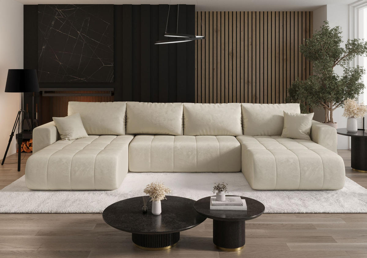 WOHNLANDSCHAFT LARA U-Form beige Velours Monolith 2 - Schlaffunktion, Bettkasten - Beige, Textil (385/85/175cm) - Cornero
