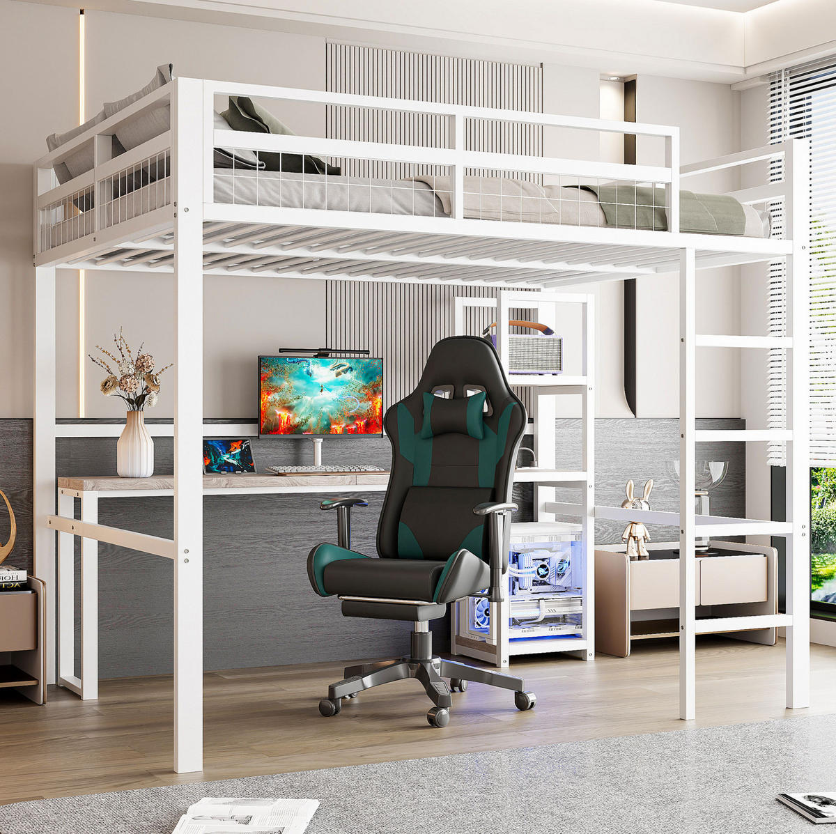 HOCHBETT aus Metall und MDF 140x200 cm Weiß mit Schreibtisch, Regalen, Steckdose und USB-C - Weiß, Metall (140/200cm) - IVMEU
