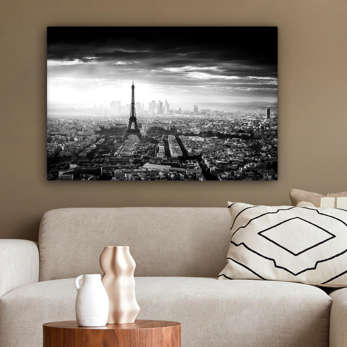 LEINWANDBILD Paris - Skyline - Eiffelturm - Stadt - Wolken Gemälde 60x40 cm - Dunkelgrau, Textil (60/40cm) - MuchoWow