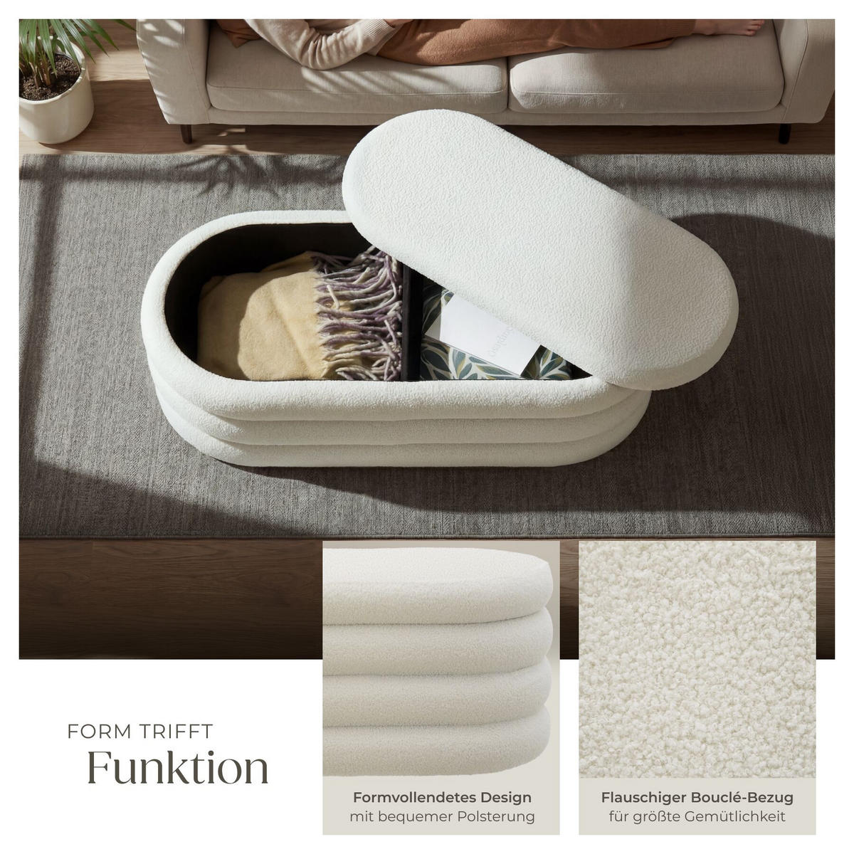 TRUHENBANK Altu,110 x 45 x 42 cm,Bouclé creme-weiß - Creme/Weiß, Holz (110/42/45cm) - tectake