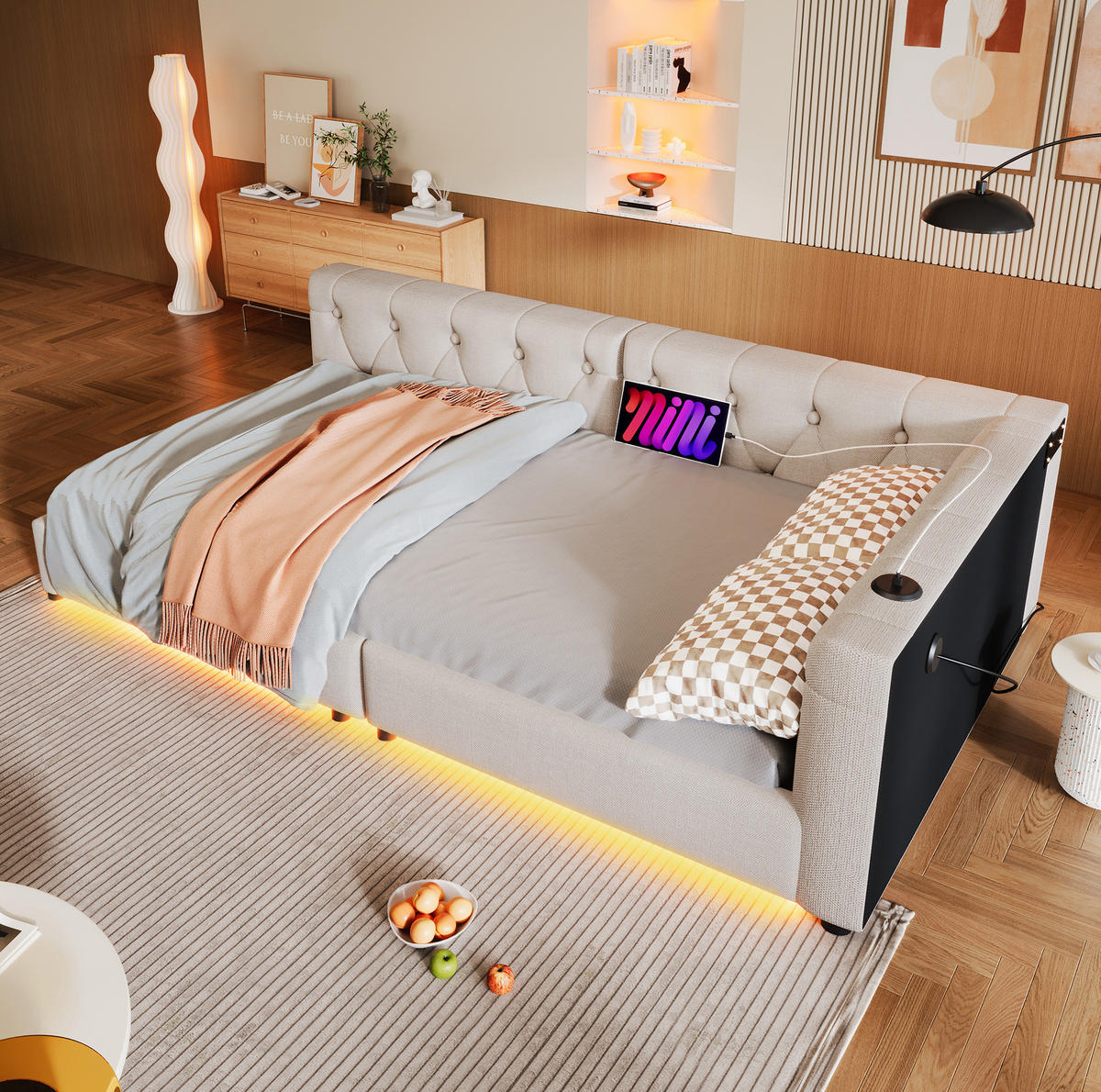 POLSTERBETT 90/200 cm Beige mit LED-Beleuchtung und USB- und Type-C-Anschlüssen - Beige, Textil (90/200cm) - Flora Grace