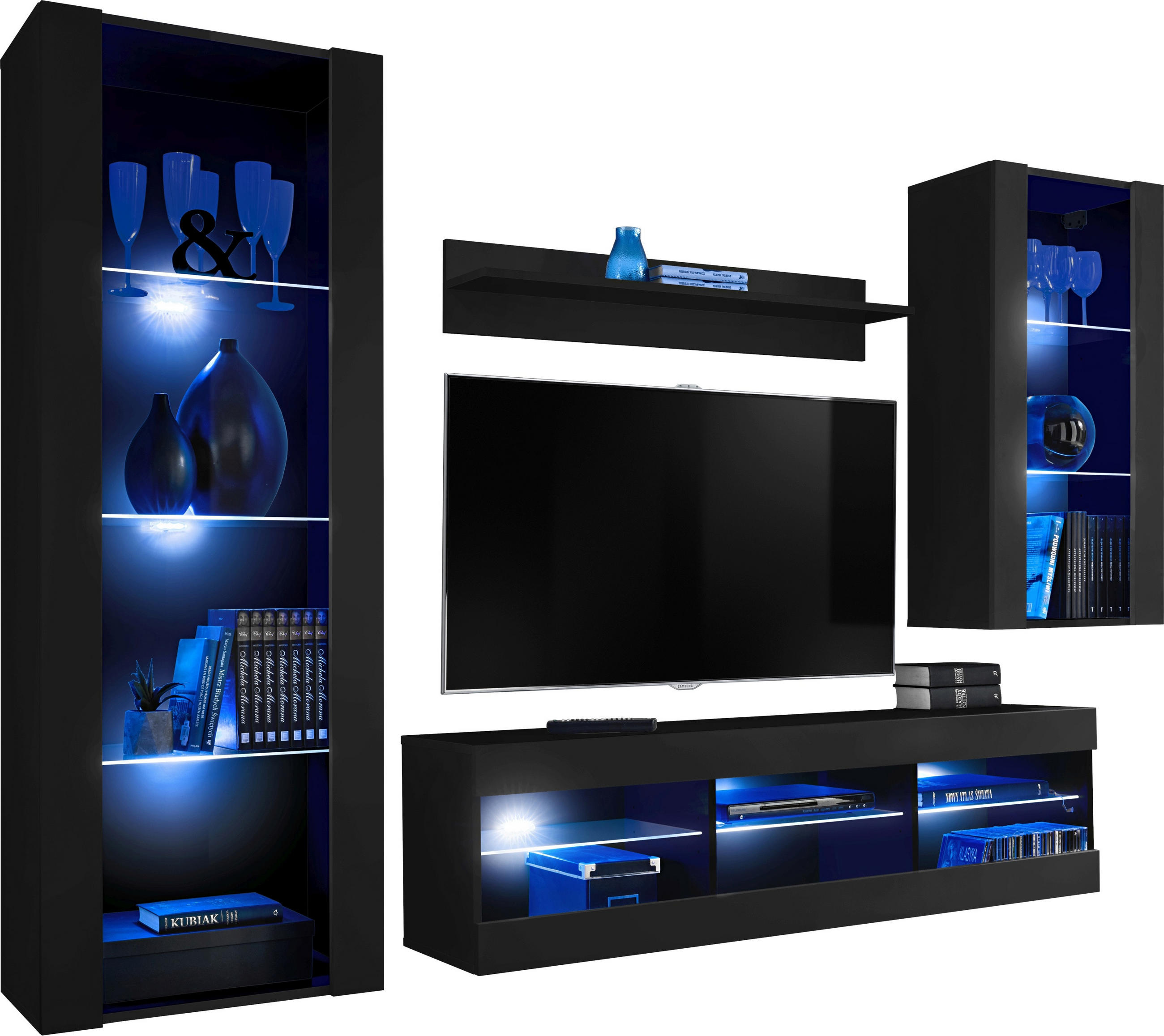 WOHNZIMMERSET TIVOLI MEDIO, 4er-Set, Schwarz, LED Blau - Schwarz, Glas/Holzwerkstoff (245/159/35cm) - Komodee