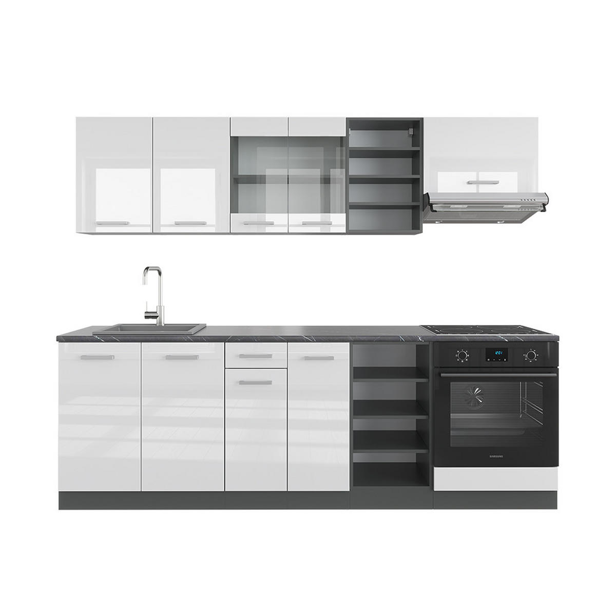 KÜCHENZEILE R-Line Weiß Hochglanz/Anthrazit 240 cm ohne AP - Weiß Hochglanz/Anthrazit, Holzwerkstoff (240/81.6/46cm) - Vicco