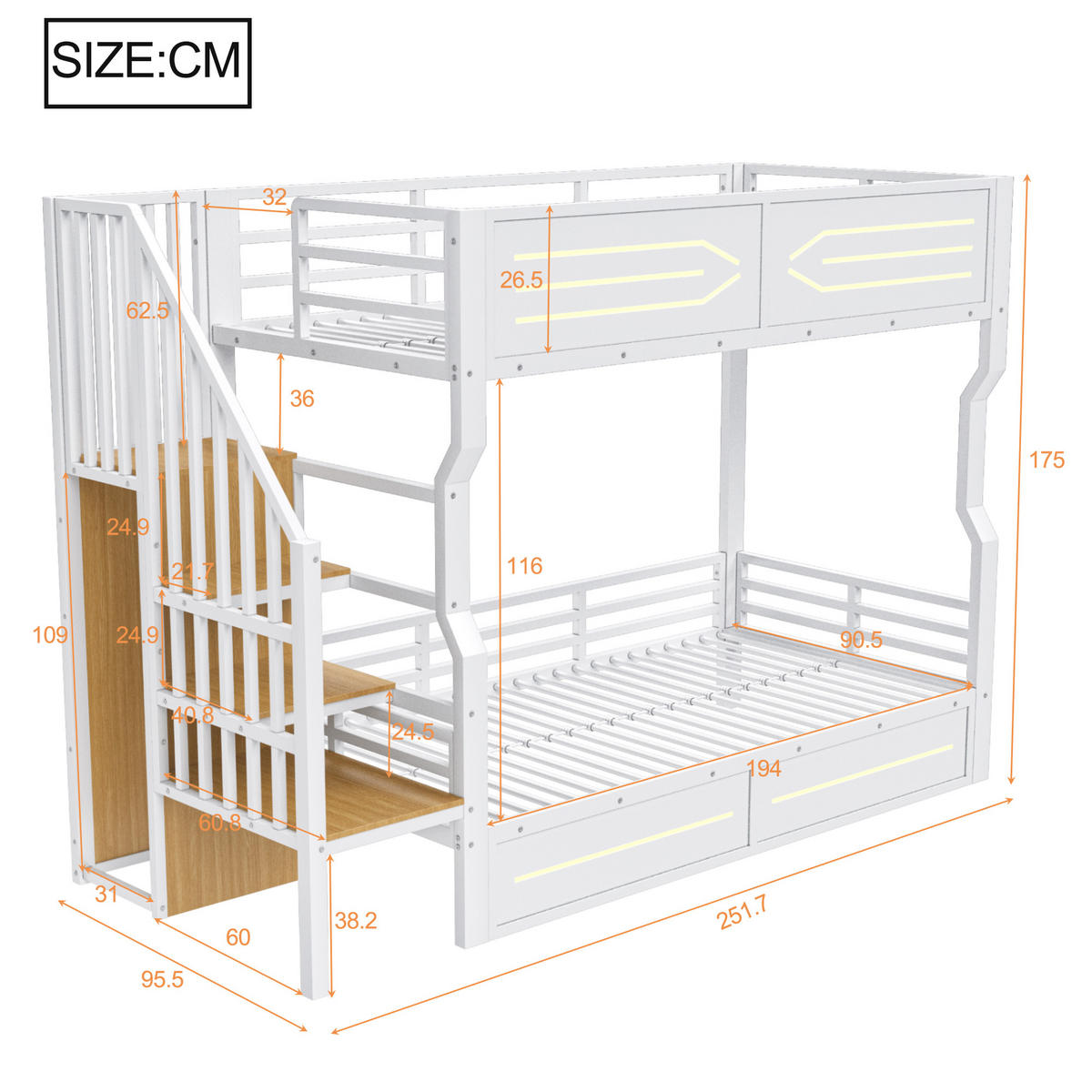 HOCHBETT 90/200 cm in Weiß mit Stauraum, LED und Treppe Metall Jugendbett - Weiß, Holzwerkstoff/Metall (90/200cm) - STILVORA