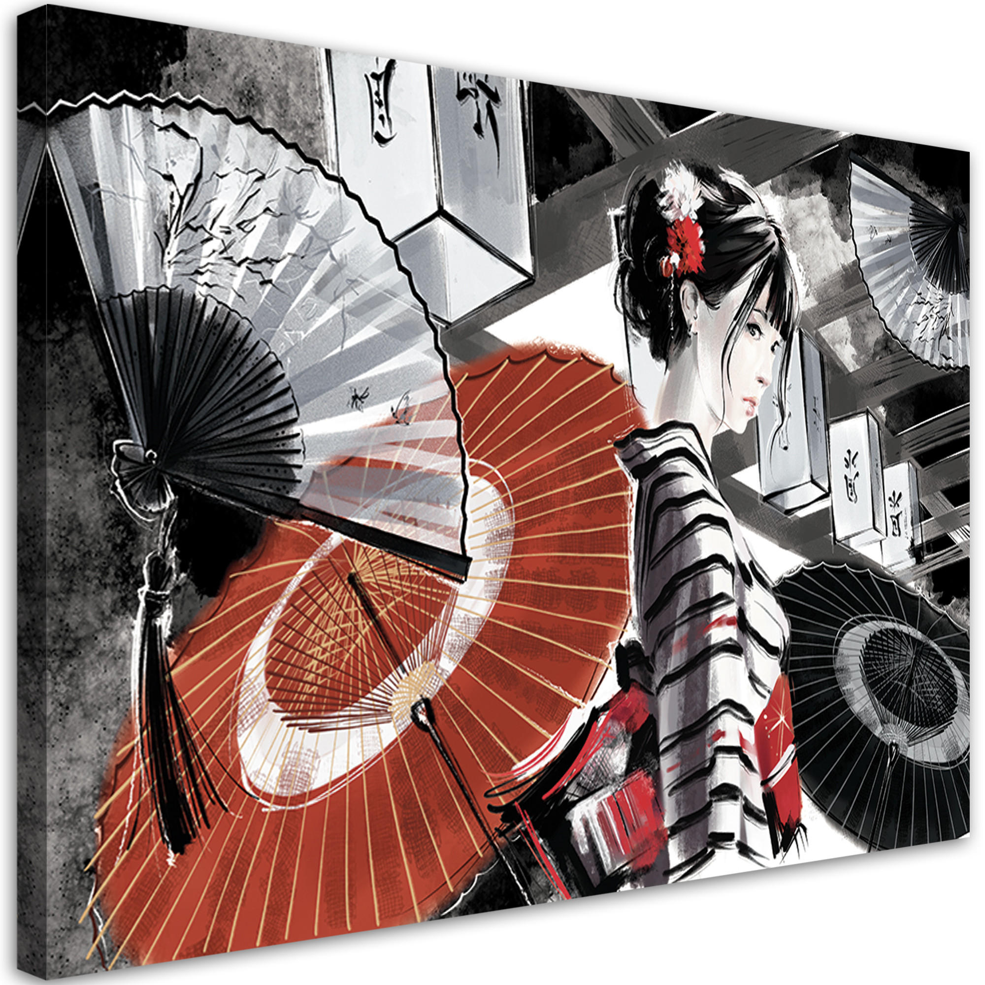 WANDBILD geisha mit einem fan - Schwarz, Textil (60/40cm) - Feeby