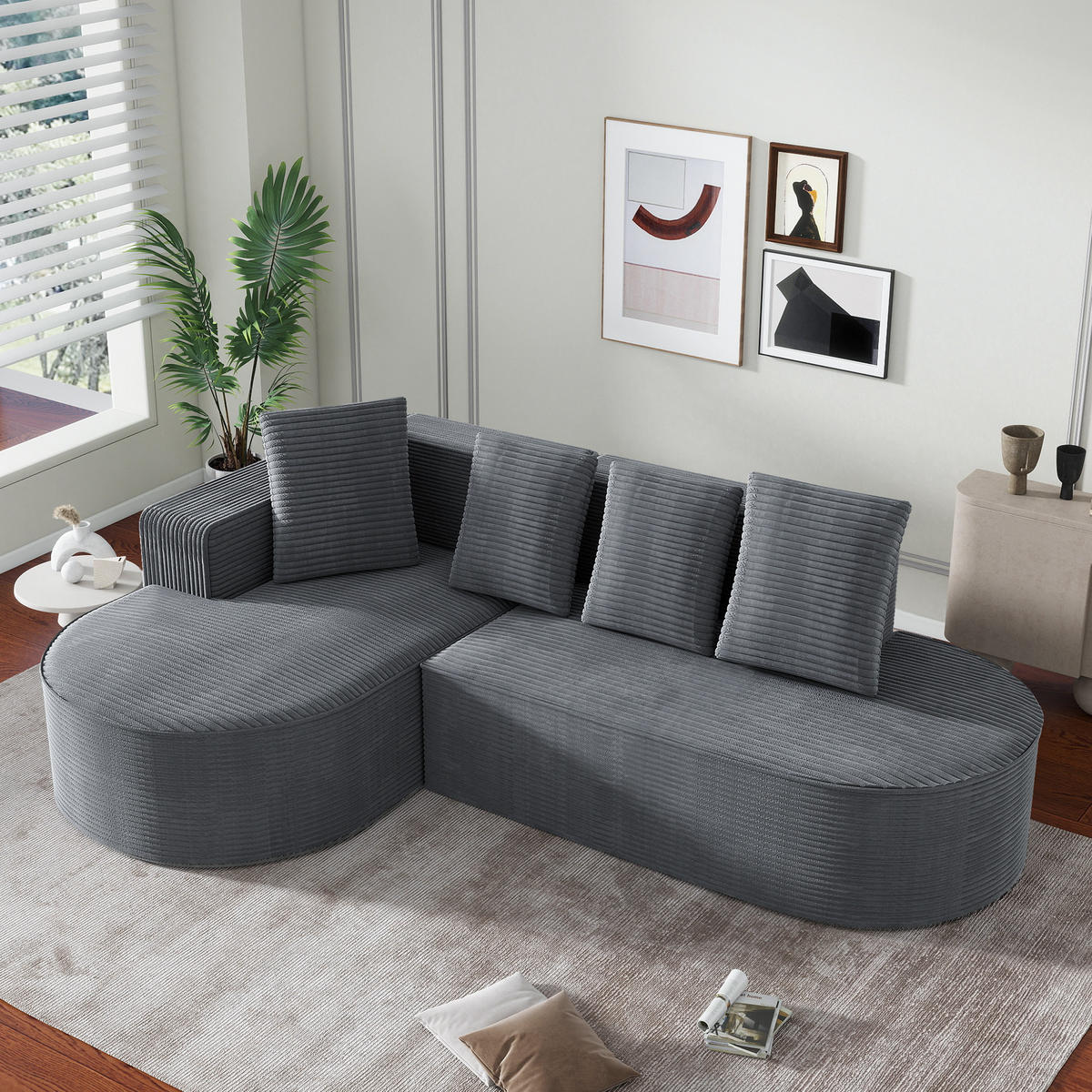 ECKSOFA Cord mit tiefer Sitzfläche, 4 Kissen 265/165/67 cm Grau - Grau, Textil (165/265cm) - Redom