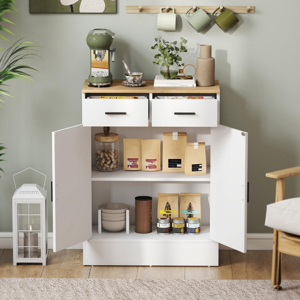 SIDEBOARD aus Holzwerkstoff 68,6x35x90,3 cm Weiß mit 2 Schubladen, verstellbarem Regal und viel Stauraum - Weiß, Holzwerkstoff (68.6/90.3/35cm) - Modfu
