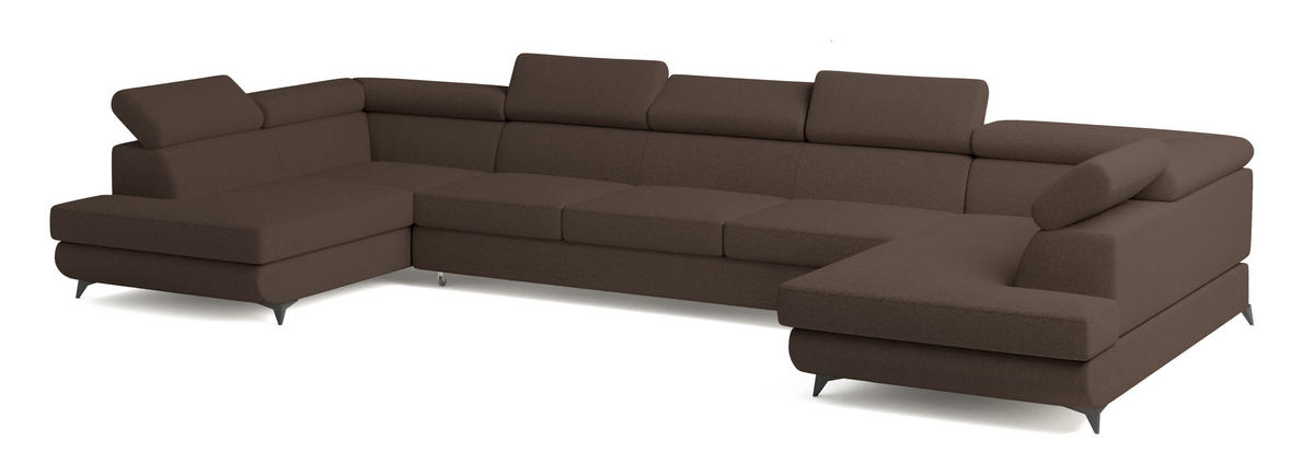 WOHNLANDSCHAFT URMANO Braun Boucle-Stoff mit Schlaffunktion - Braun, Holz (395/89/190cm) - MASSENO