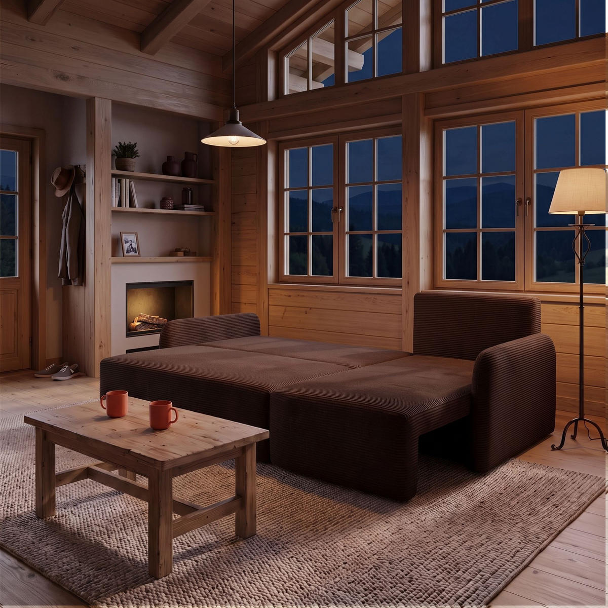 ECKSOFA CASPER L Rechts mit Schlaffunktion 132x198 Cord Dunkelbraun - Dunkelbraun/Schwarz, Holz/Kunststoff (145/217cm) - NACANAPA