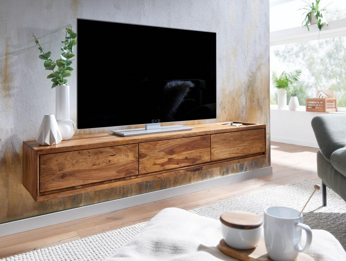 LOWBOARD Massivholz Modern Stil Hängend für 65-Zoll Fernseher mit 3 Schubladen - Braun, Holz (160/25/35cm) - KADIMA DESIGN