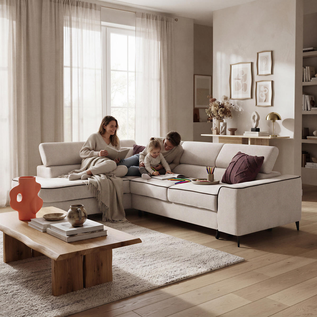 ECKSOFA EVER L Links mit Schlaffunktion 193x126 Chenille Beige - Beige/Schwarz, Holz/Textil (267/204cm) - Muffo