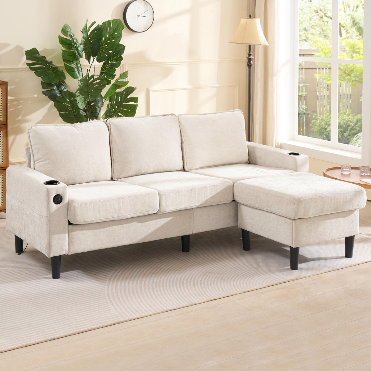 3-SITZER ECKSOFA Leinen Beige mit USB, Type-C und Hocker - Beige, Holzwerkstoff/Textil (202/137cm) - WISHDOR