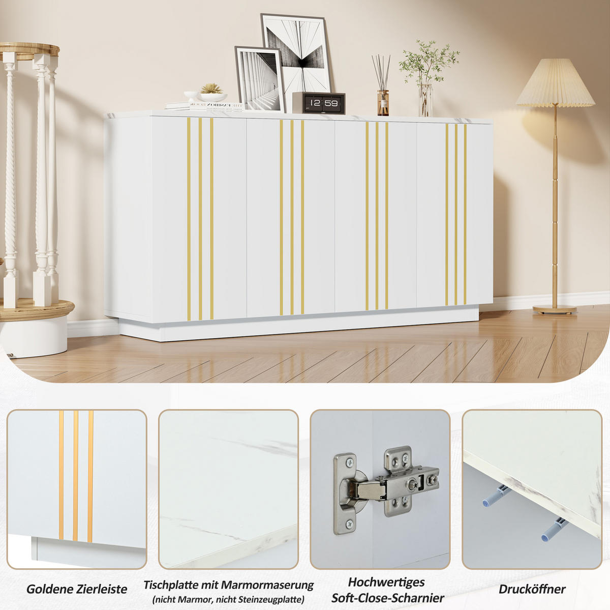 SIDEBOARD 140/35/70 cm weiß-gold aus Spanplatte mit 4 Türen - Weiß, Holzwerkstoff (140/70/35cm) - OKWISH