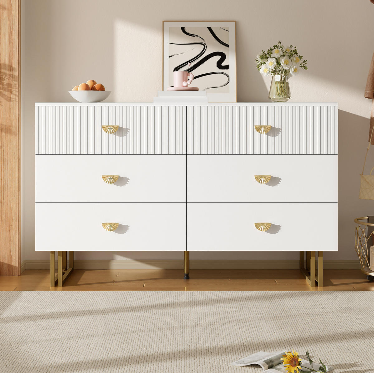 SIDEBOARD 120/40/75 cm mit 6 Schubladen in Weiß und goldfarbenen Griffen - Weiß, Holzwerkstoff (120/75/40cm) - BEAOK