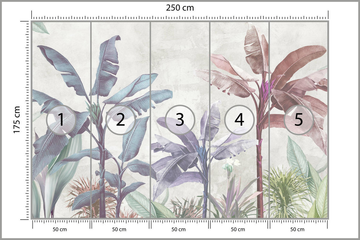 FOTOTAPETE für Schlafzimmer Bunte Bananenblätter Tropen Bäume 250x175 - Beige/Rot, Papier (250/175cm) - Muralo