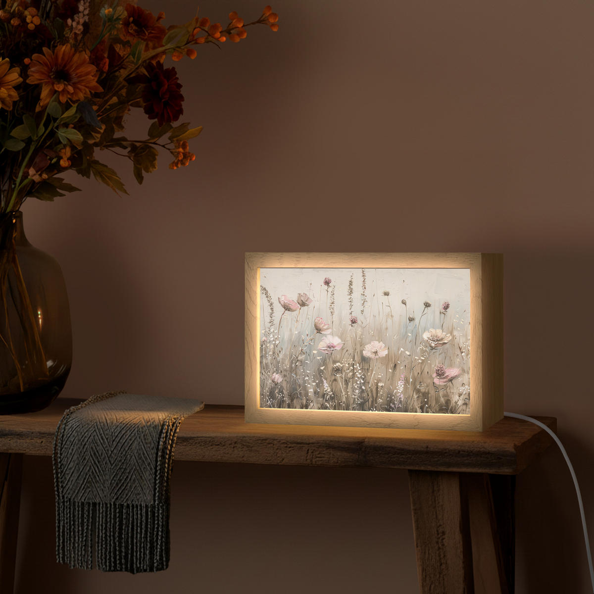 NÁSTĚNNÁ LAMPA Květiny - růžová - moderní - béžová 30x20 cm - starorůžová, kompozitní dřevo (30/20/8cm) - OnlyWow