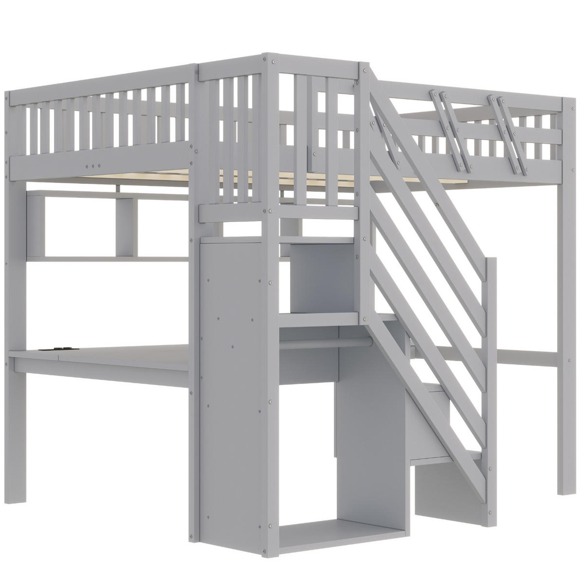 HOCHBETT Holz 140x200 cm Grau mit Schreibtisch, Aufbewahrungstreppe, LED und Steckdosen - Grau, Holz (140/200cm) - Modfu
