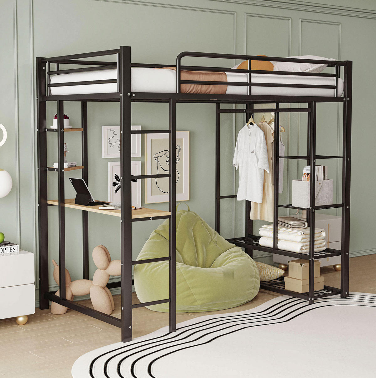 HOCHBETT 90/200 cm aus Metall und MDF mit Schreibtisch und Kleiderstange Schwarz - Schwarz, Metall (90/200cm) - Modenvie