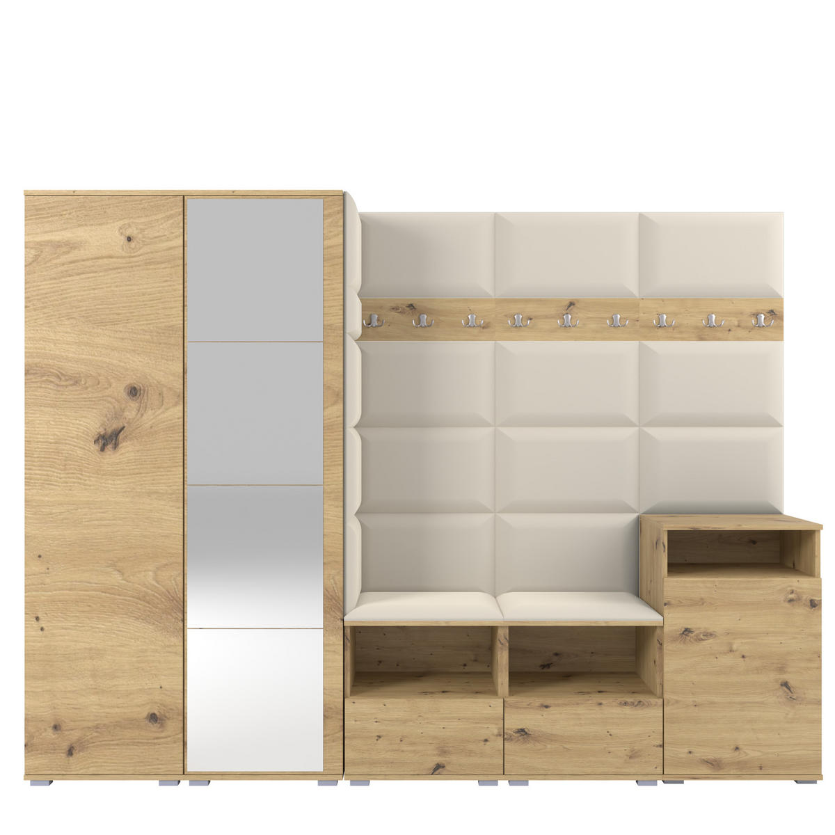 GARDEROBE NELA VIII 250 cm (Modulare Flurmöbel Artisan Eiche mit Spiegel & Sitzpolster Creme 01 Set XL) - Silberfarben/Creme, Holz/Holzwerkstoff (250/187/40cm) - Ravio