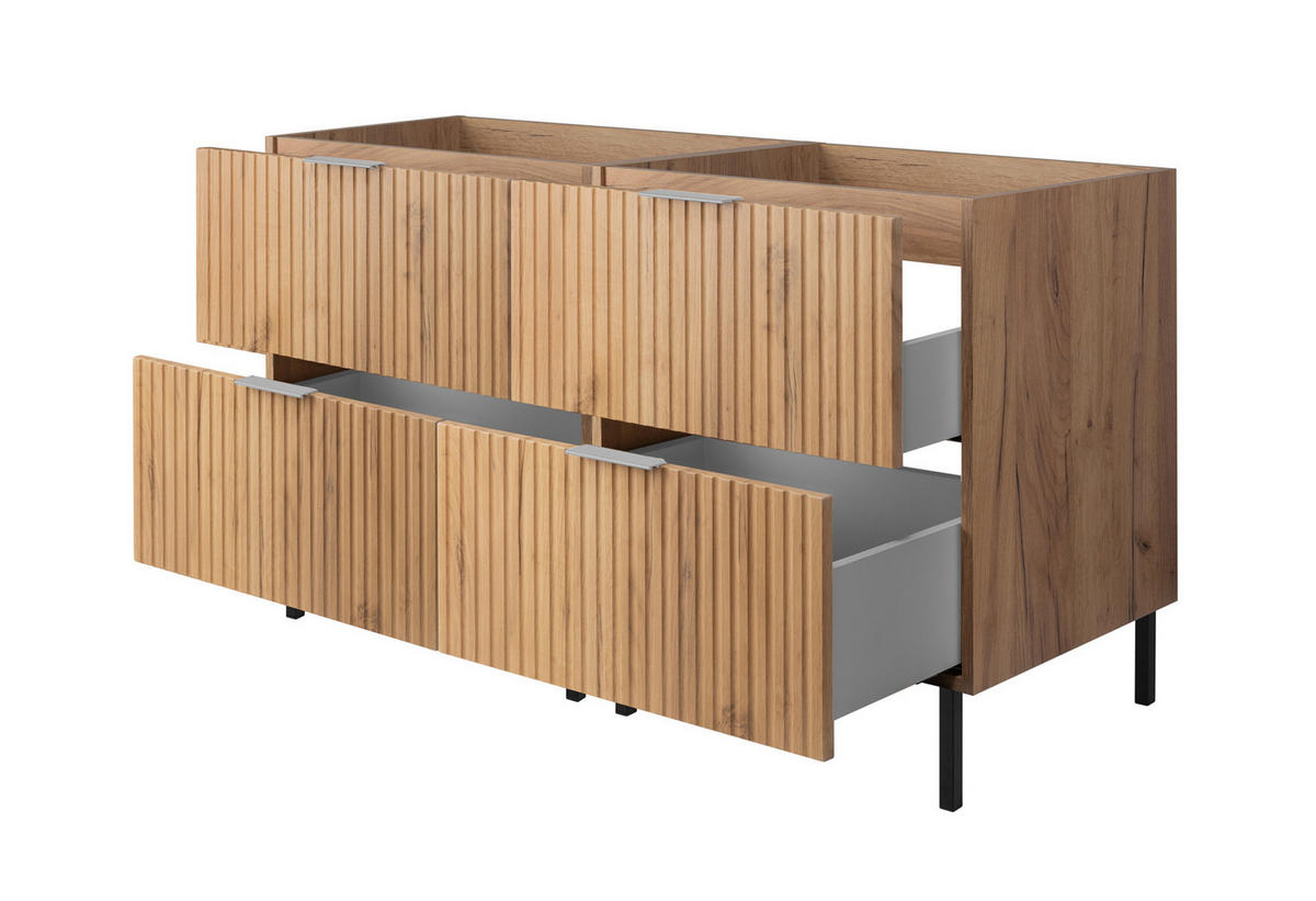 WASCHBECKUNTERSCHRANK, Eiche Craft, 120 (2 x 60) x 77 x 46 cm, silberner Griff, schwarze Beine, ohne Arbeitsplatte - Eichefarben/Silberfarben, Holzwerkstoff (120/77/46cm) - 3XE LIVING