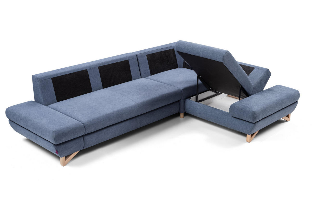 ECKSOFA CASA II R-S Blau Plüsch-Stoff mit Schlaffunktion - Blau, Holz (272/199cm) - MASSENO