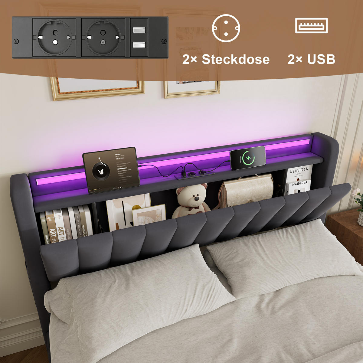 POLSTERBETT 160/200 cm in Grau, mit Bettkasten, Matratze, Stauraum, USB und LED Beleuchtung - Grau, Holzwerkstoff/Textil (160/200cm) - WISHDOR