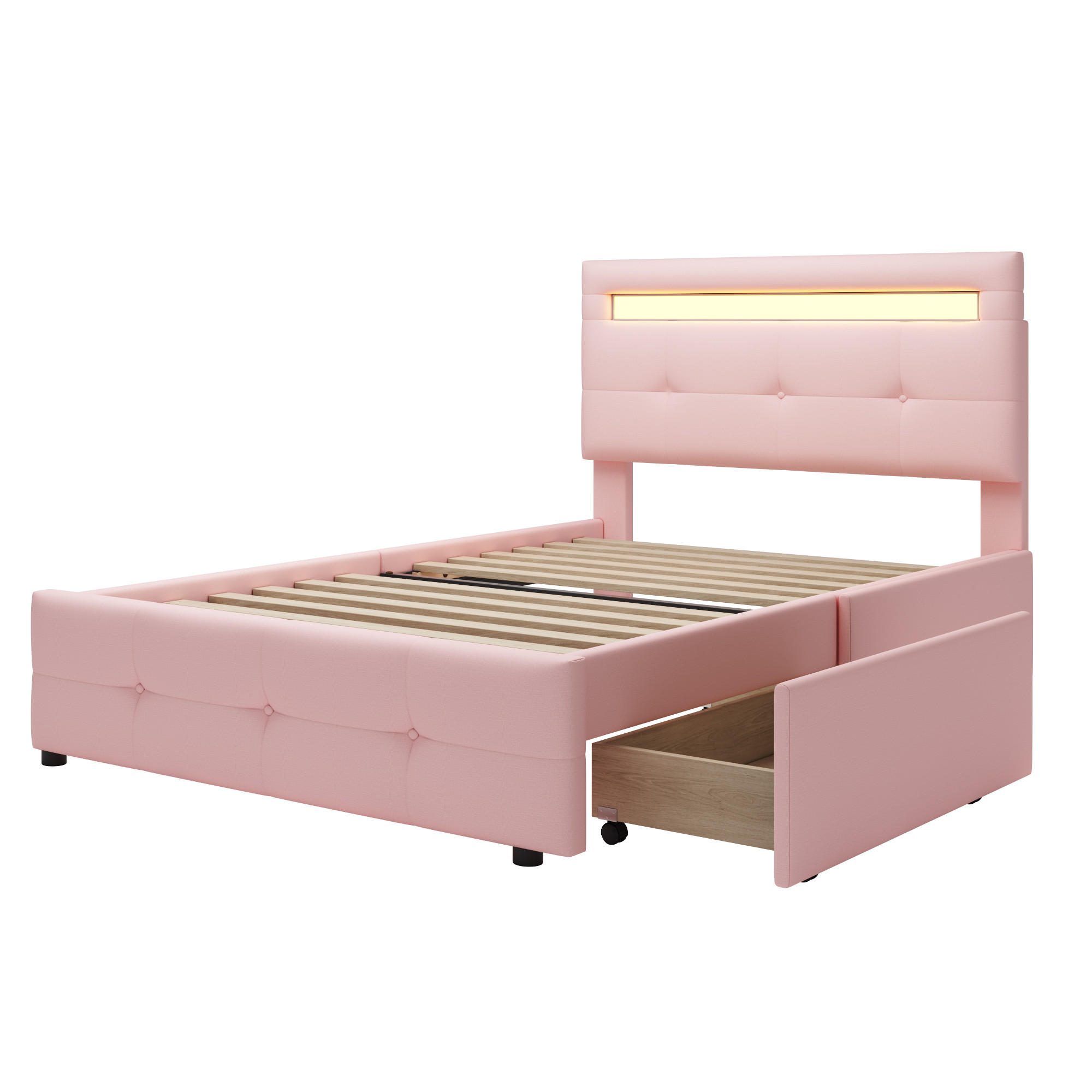 POLSTERBETT 90/200 cm Rosa mit LED-Beleuchtung und 2 Schubladen - Rosa, Textil (90/200cm) - Oxeza