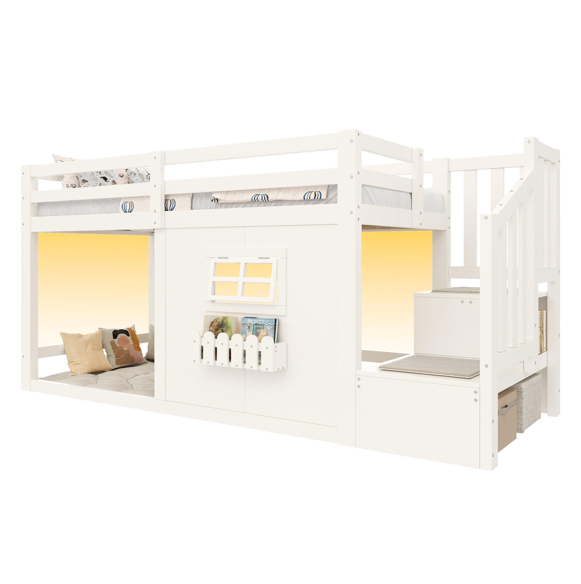 HOCHBETT aus Kiefernholz und MDF 90x200 cm Weiß mit Stauraumtreppe, Fenster und LED-Beleuchtung - Weiß, Holzwerkstoff (90/200cm) - Modfu